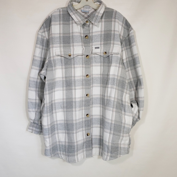 COLUMBIA Womens Cozy Button Front  Gray and White Plaid Shacket Jacket 2X - Picture 1 of 6